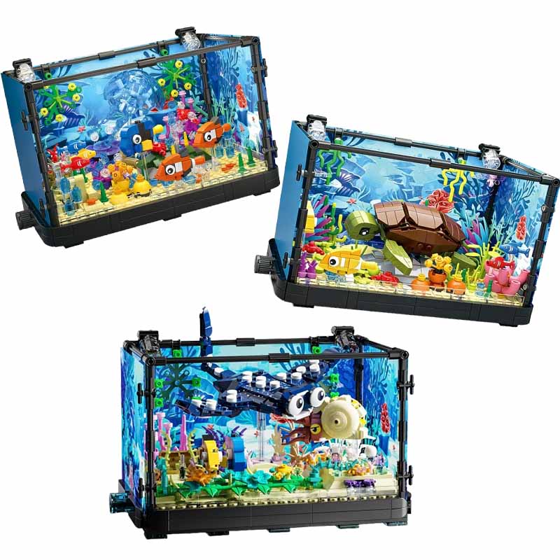 Aquarium Fish Lego - Aquarium-Baustein-Set mit Licht, Meeresschildkröte, Baustein-Spielzeug für